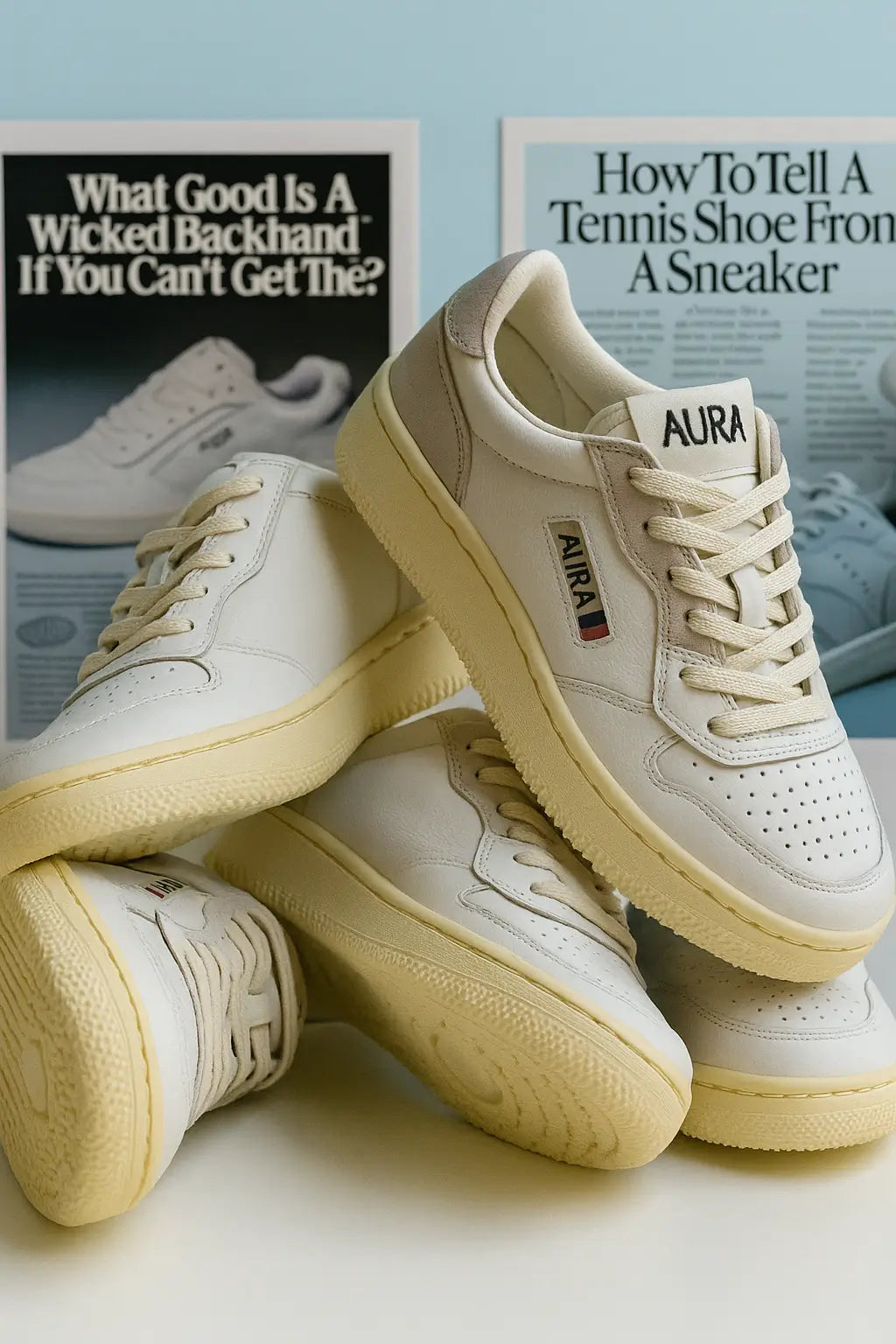 Sneakers blanches de style rétro posées devant affiches vintage.