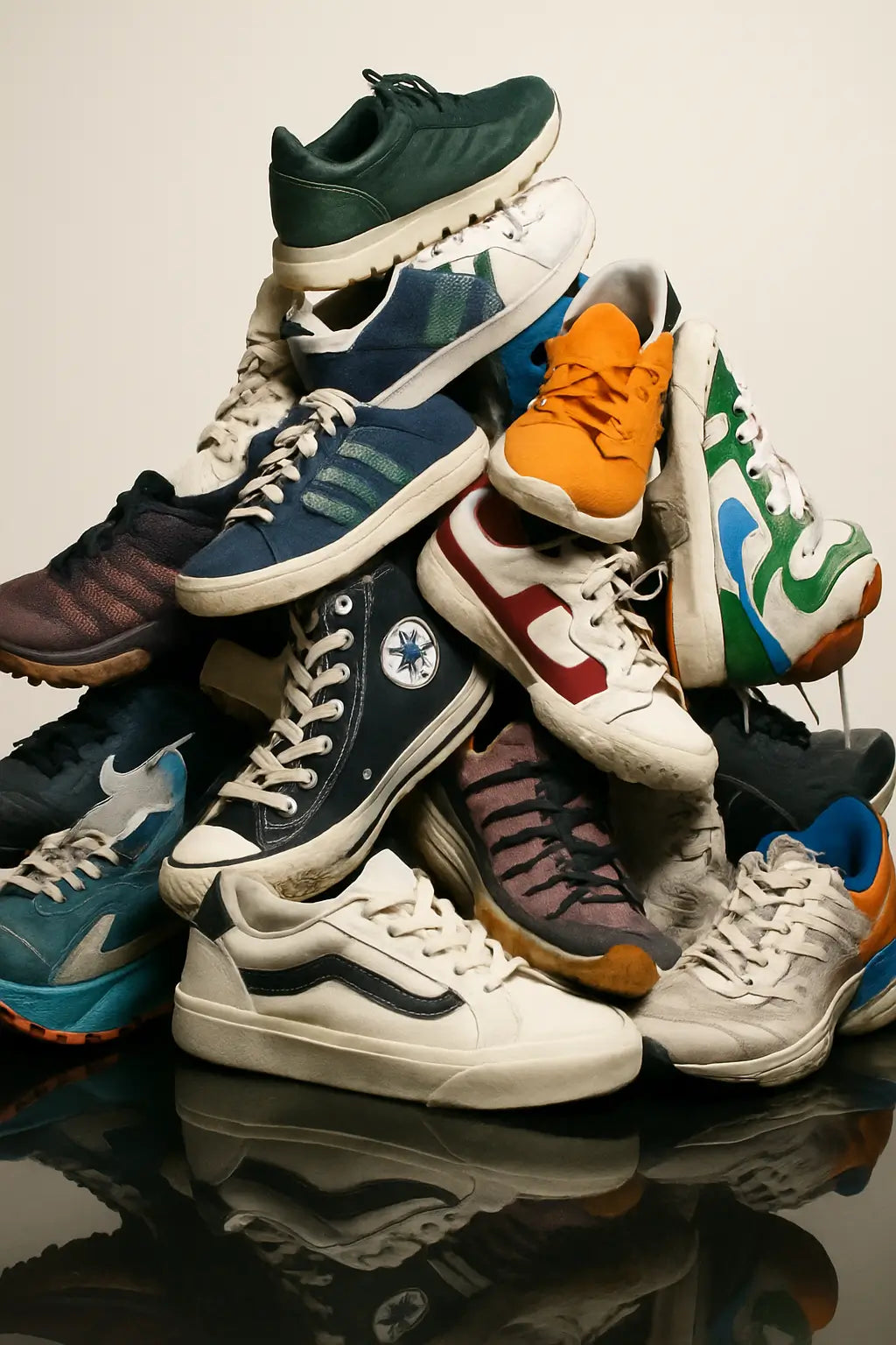 Pile de sneakers multimarques colorées empilées sur fond neutre — visuel de la Box Mystère Sneaker Collector SnkrBox, box rare et exclusive.