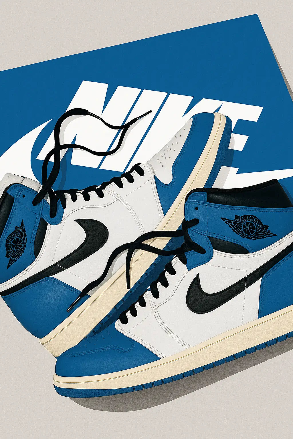 Paire de sneakers blanches et bleues présentée sur une boîte Nike.